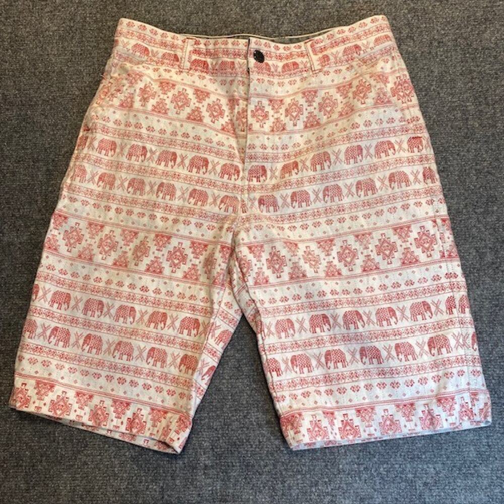 Vintage Caffeine Brand Elephant Geometric Red White Print Shorts Mens 34 Waist